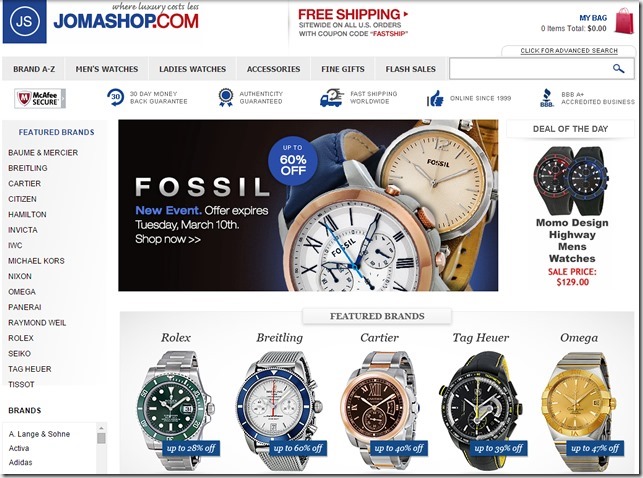 Jomashop購買手錶優惠券/折扣碼/65%折扣優惠碼